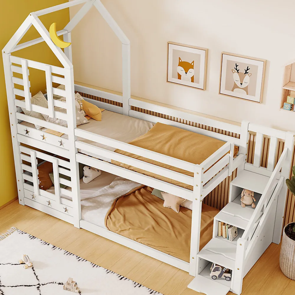 Lit superposé lit enfant bois blanc escalier avec rangement 90x200cm>Urban Meuble