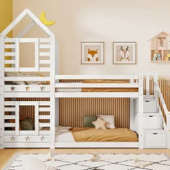 Lit superposé lit enfant bois blanc escalier avec rangement 90x200cm><noscript><img width=