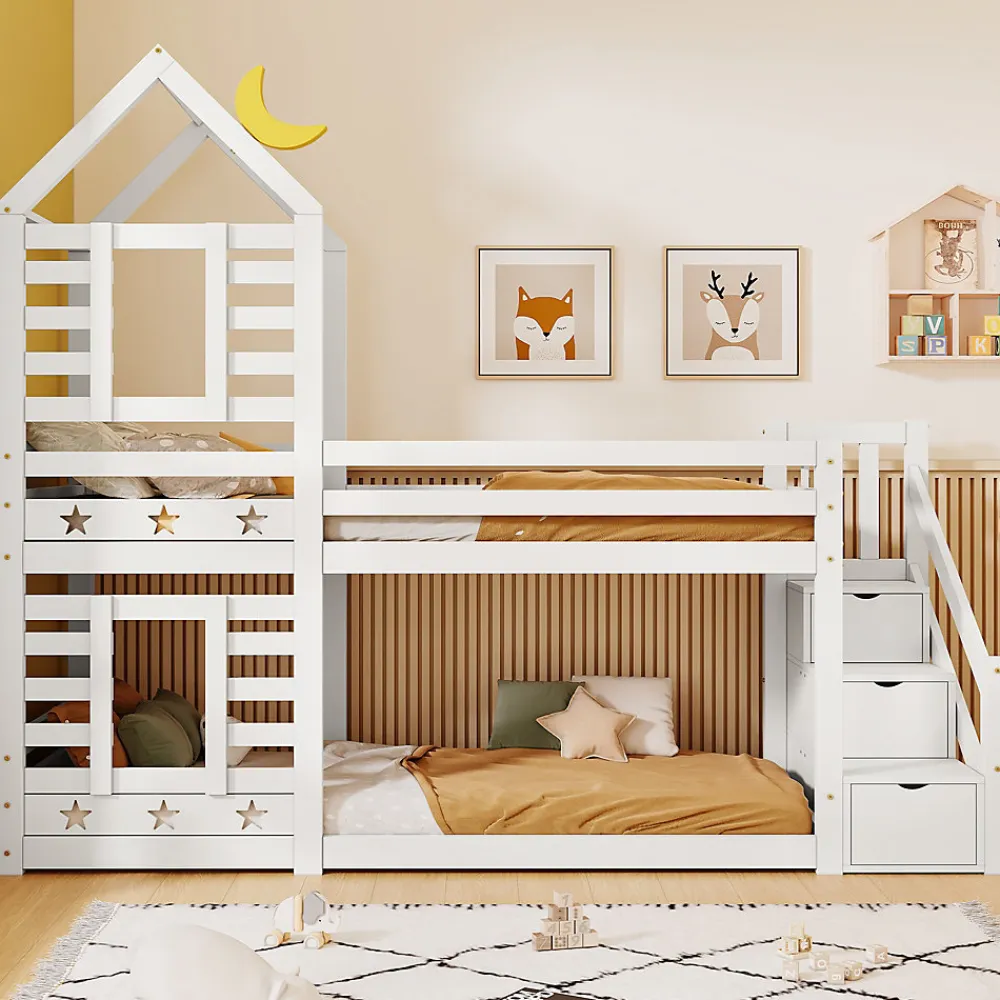 Lit superposé lit enfant bois blanc escalier avec rangement 90x200cm>Urban Meuble