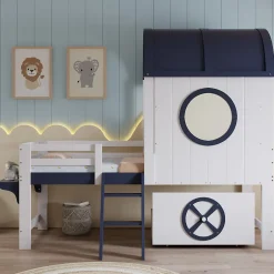 Redom Lit superposé mi-haut toit fenêtre tiroir roulettes échelle inclinée 2 marches pin MDF contreplaqué blanc bleu 90x200*Enfant Lit Enfant