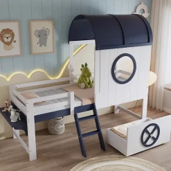 Redom Lit superposé mi-haut toit fenêtre tiroir roulettes échelle inclinée 2 marches pin MDF contreplaqué blanc bleu 90x200*Enfant Lit Enfant