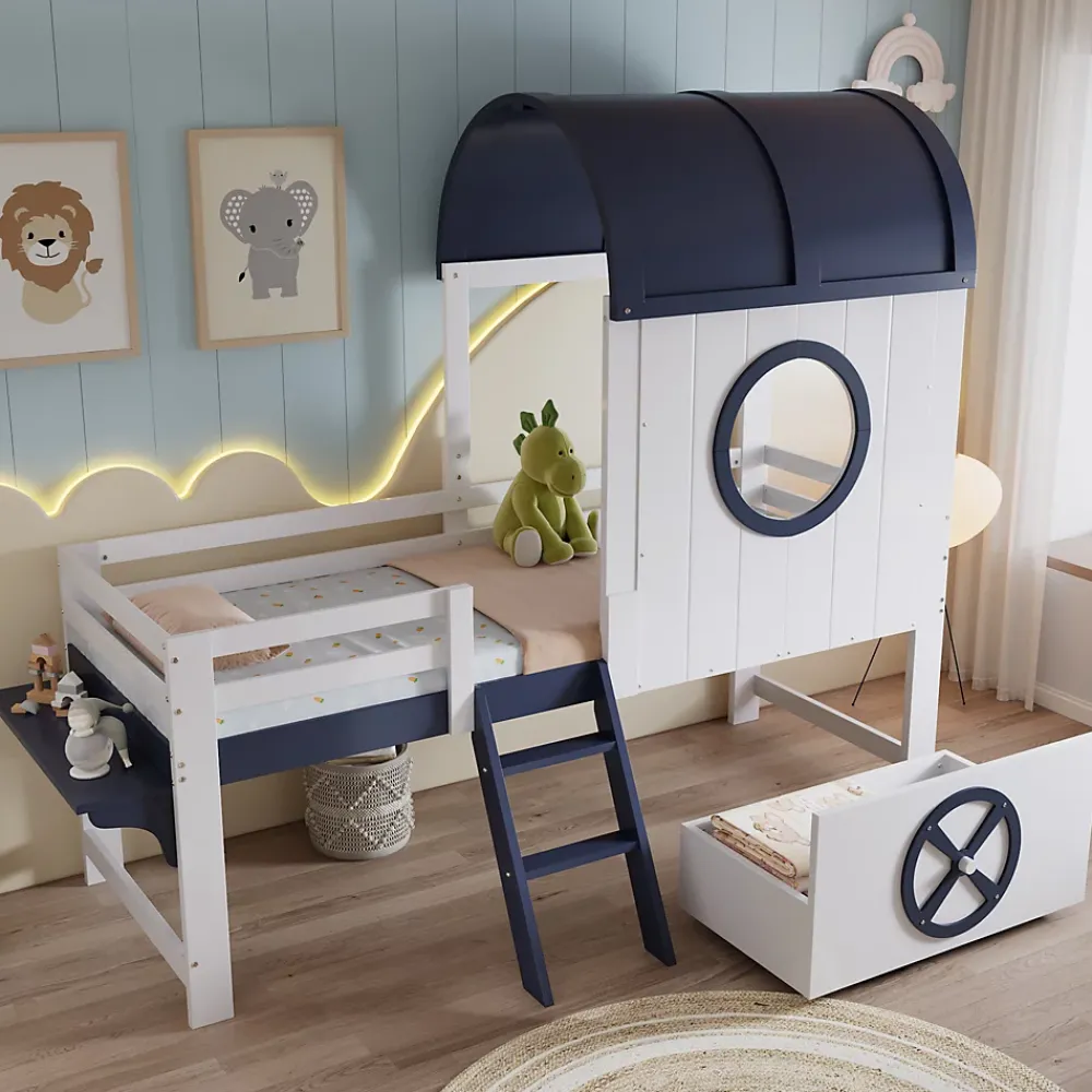 Redom Lit superposé mi-haut toit fenêtre tiroir roulettes échelle inclinée 2 marches pin MDF contreplaqué blanc bleu 90x200*Enfant Lit Enfant