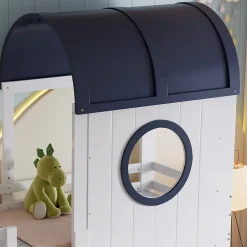 Redom Lit superposé mi-haut toit fenêtre tiroir roulettes échelle inclinée 2 marches pin MDF contreplaqué blanc bleu 90x200*Enfant Lit Enfant