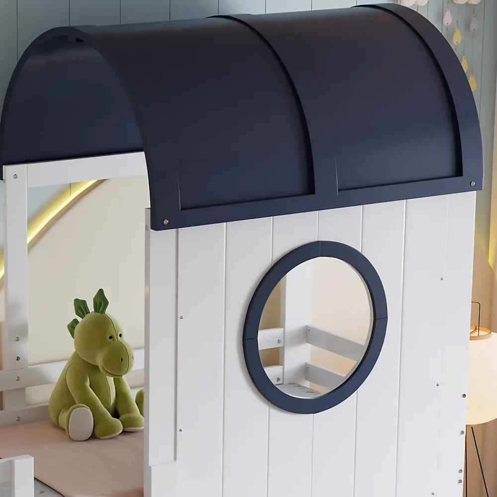 Redom Lit superposé mi-haut toit fenêtre tiroir roulettes échelle inclinée 2 marches pin MDF contreplaqué blanc bleu 90x200*Enfant Lit Enfant