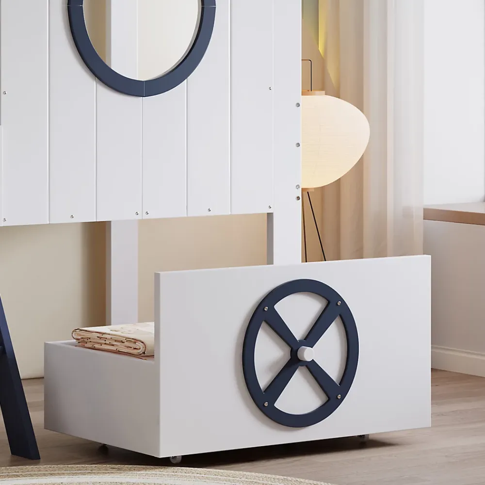Redom Lit superposé mi-haut toit fenêtre tiroir roulettes échelle inclinée 2 marches pin MDF contreplaqué blanc bleu 90x200*Enfant Lit Enfant