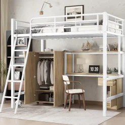 Simple Life Lit superposé métal, avec bureau, armoire, rangement, escalier incliné 4 marches, métal panneau blanc naturel, 90x200cm*Enfant Lit Enfant
