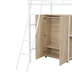 Simple Life Lit superposé métal, avec bureau, armoire, rangement, escalier incliné 4 marches, métal panneau blanc naturel, 90x200cm*Enfant Lit Enfant
