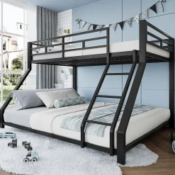 Lit Superposé Métal 90x200 et 140x200 cm, Lit Double enfant/Ado avec Échelle et Barrières de Sécurité - Sans Matelas - Noir>Generique Best