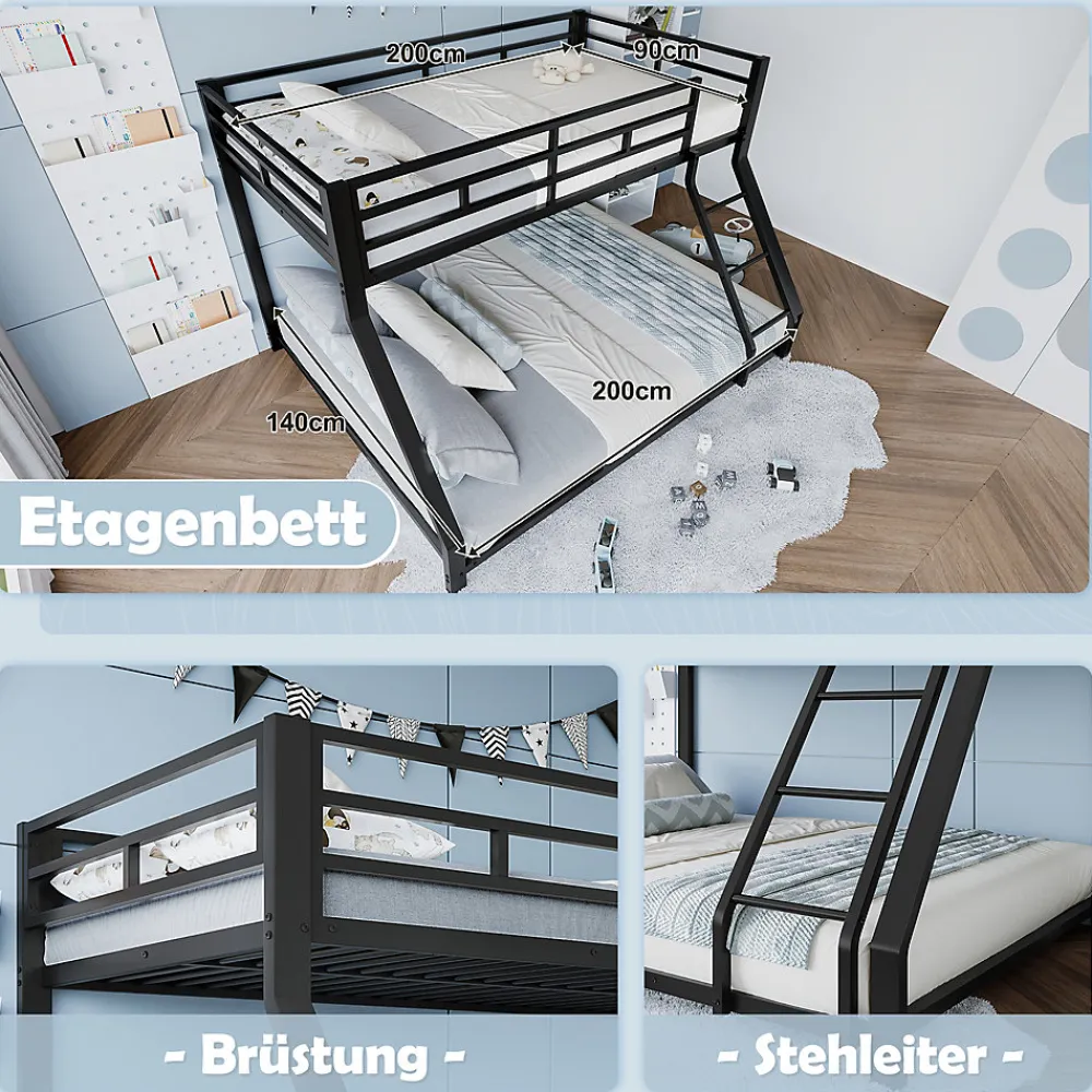 Lit Superposé Métal 90x200 et 140x200 cm, Lit Double enfant/Ado avec Échelle et Barrières de Sécurité - Sans Matelas - Noir>Generique Best