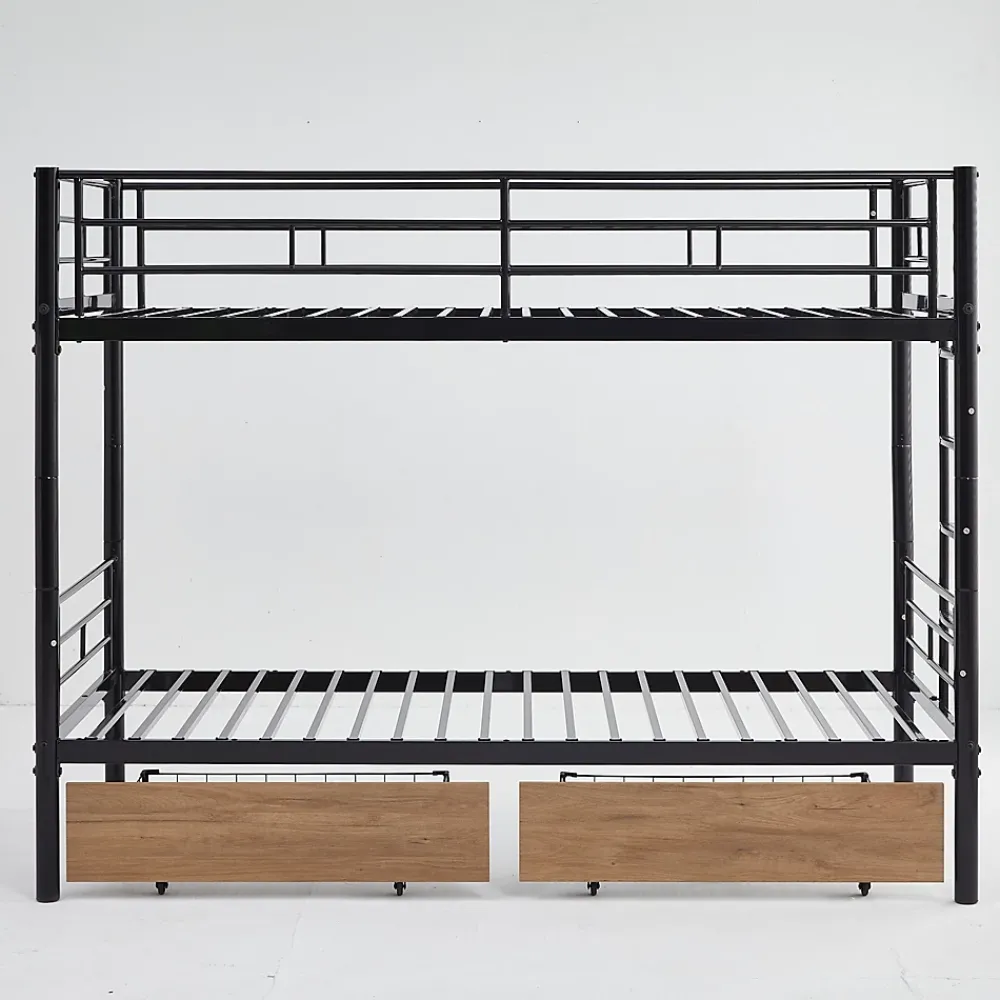 Simple Life Lit superposé métal 90x200cm pour 2 enfants avec 2 tiroirs, garde-corps, convertible, noir*Enfant Lit Enfant