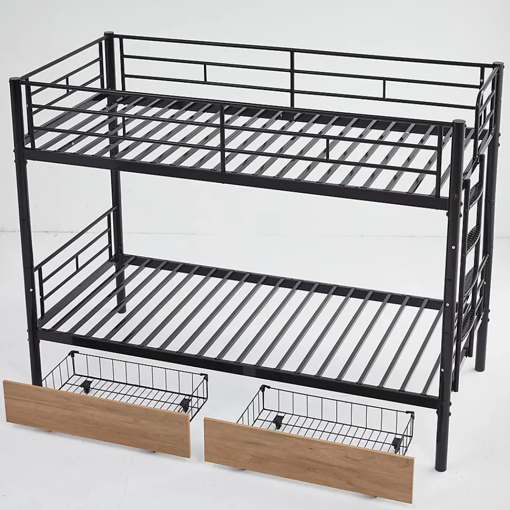 Simple Life Lit superposé métal 90x200cm pour 2 enfants avec 2 tiroirs, garde-corps, convertible, noir*Enfant Lit Enfant