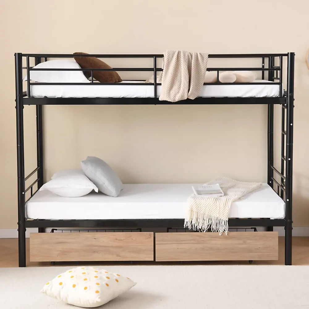Simple Life Lit superposé métal 90x200cm pour 2 enfants avec 2 tiroirs, garde-corps, convertible, noir*Enfant Lit Enfant