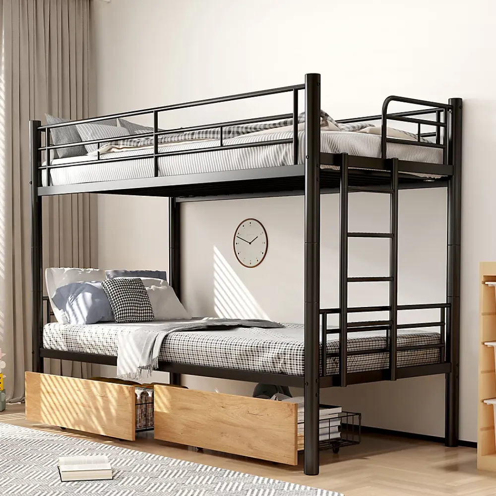 Simple Life Lit superposé métal 90x200cm pour 2 enfants avec 2 tiroirs, garde-corps, convertible, noir*Enfant Lit Enfant