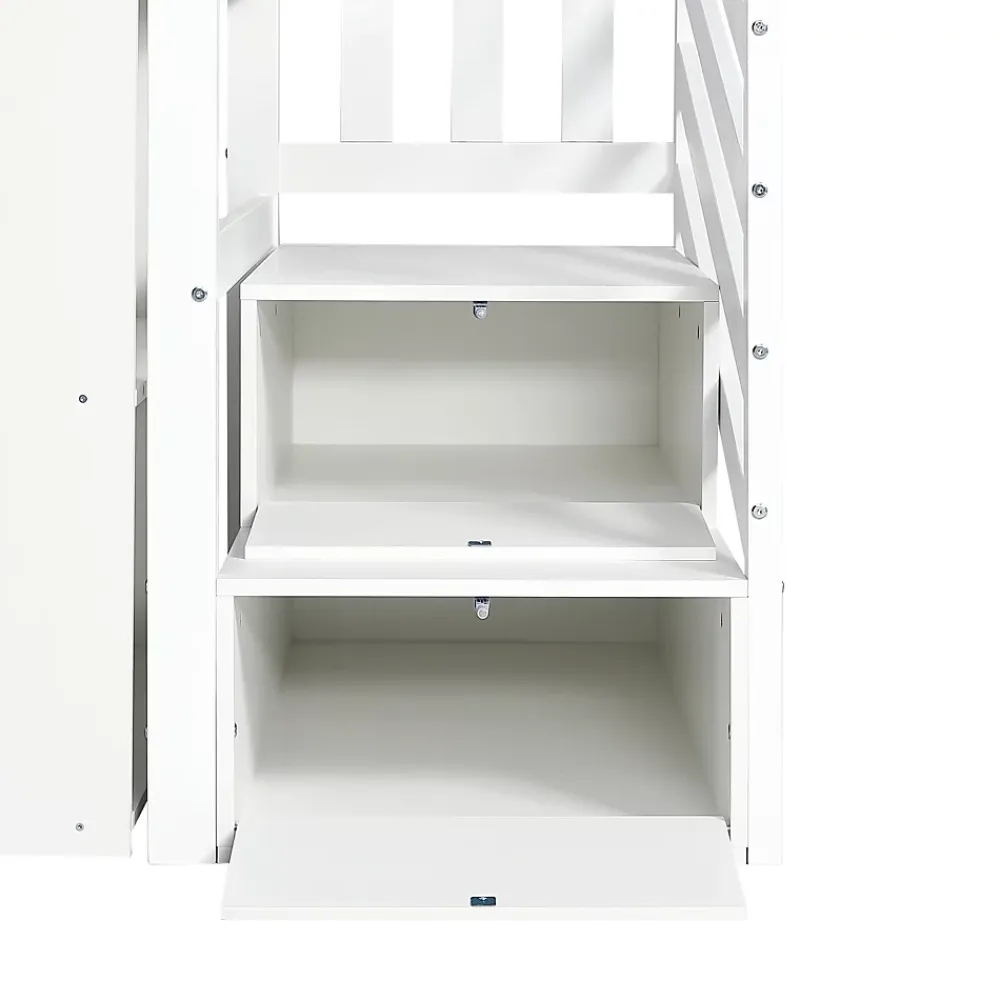 Simple Life Lit superposé multifonction, avec protection, bureau, armoire, casiers, 2 casiers dans escalier, pin MDF, blanc, 90x200cm*Enfant Lit Enfant