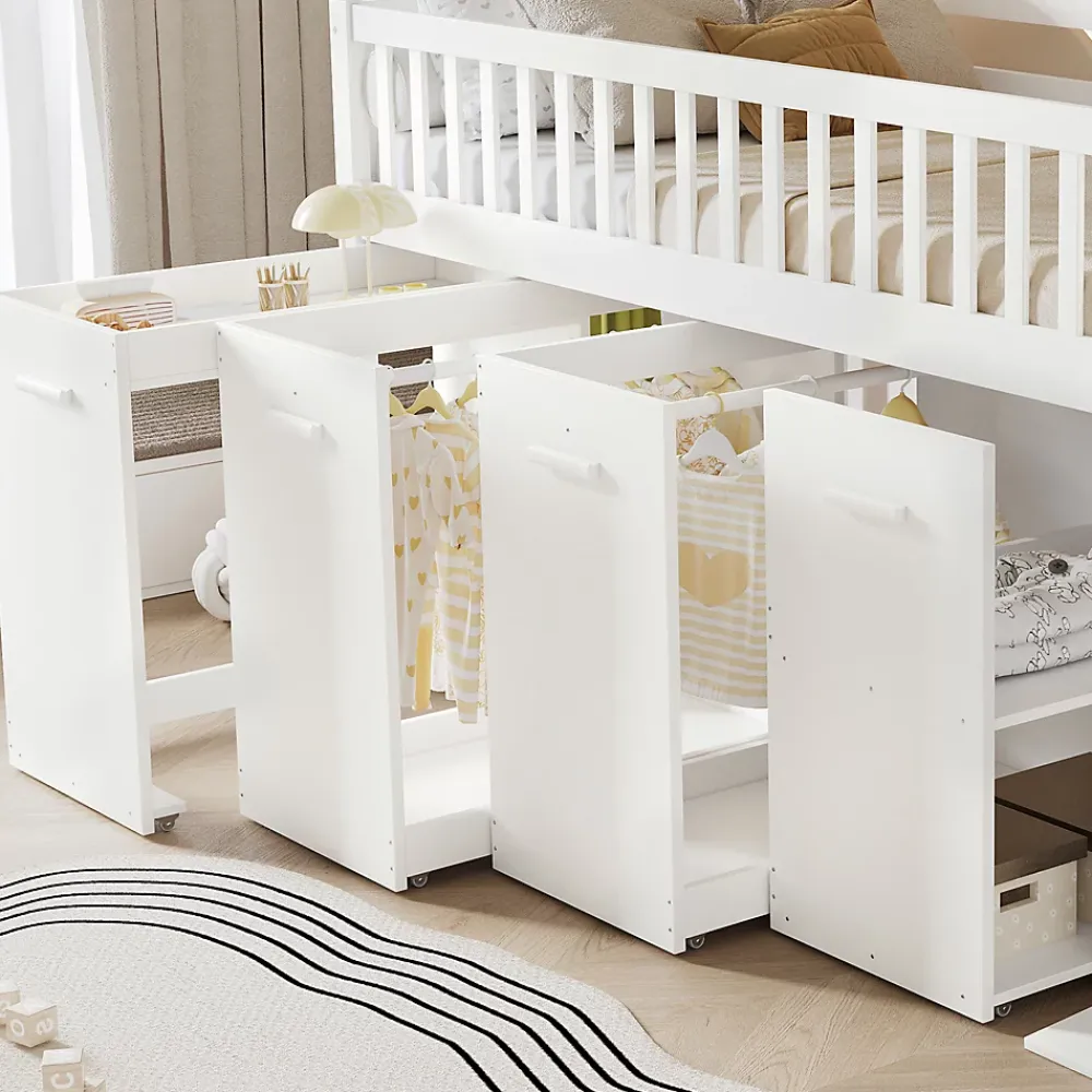 Simple Life Lit superposé multifonction, avec protection, bureau, armoire, casiers, 2 casiers dans escalier, pin MDF, blanc, 90x200cm*Enfant Lit Enfant