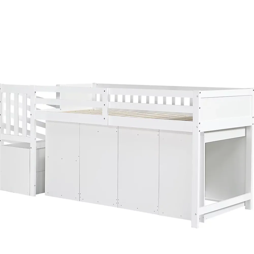 Simple Life Lit superposé multifonction, avec protection, bureau, armoire, casiers, 2 casiers dans escalier, pin MDF, blanc, 90x200cm*Enfant Lit Enfant
