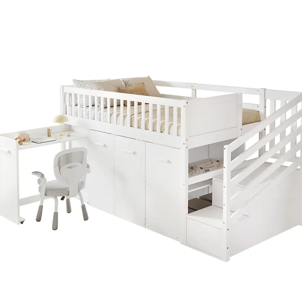 Redom Lit superposé multifonction avec bureau armoire 2 casiers échelle garde-corps pin MDF blanc 90x200* Lit Coffre