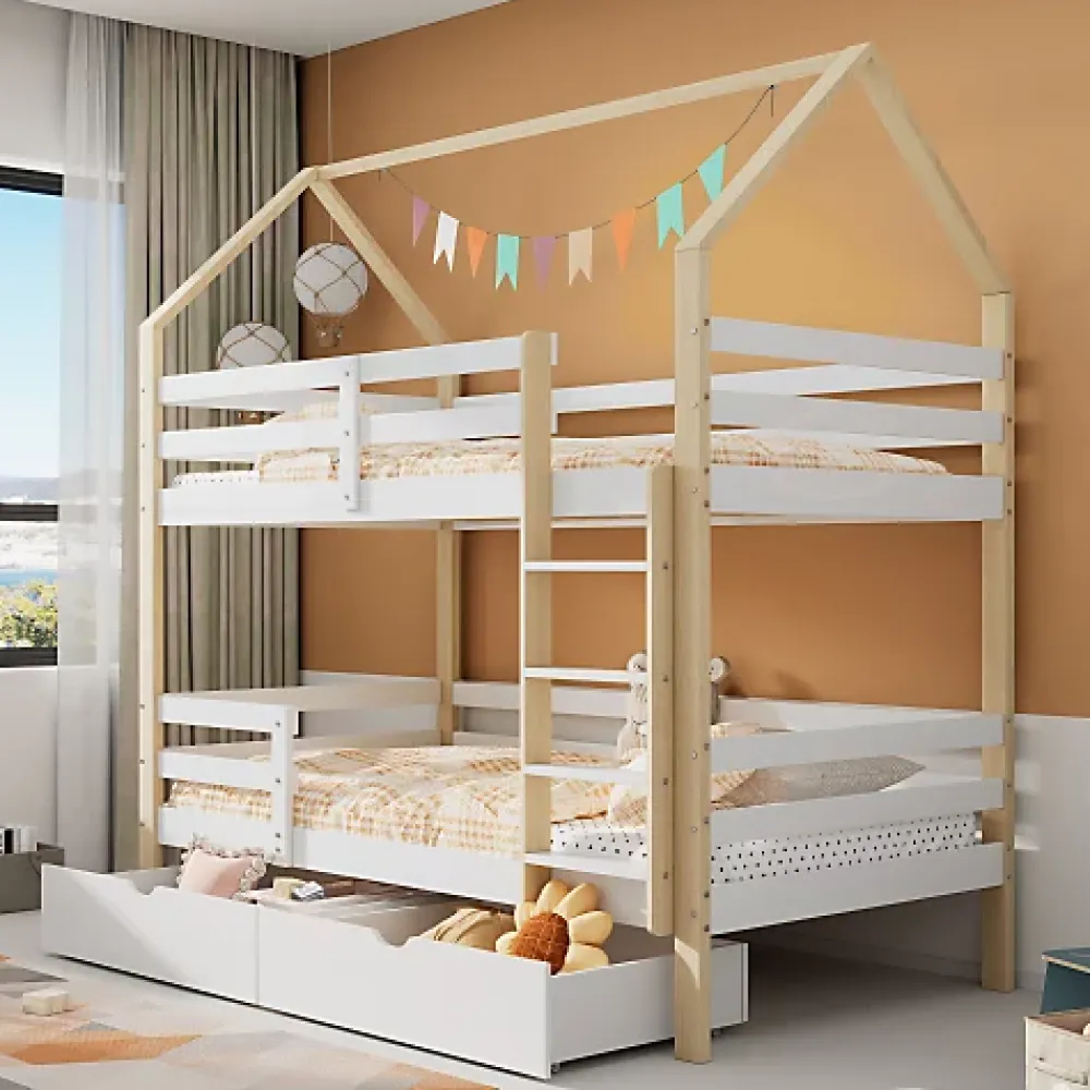 ModernLuxe Lit superposé pour enfant 90x200cm - Lit cabane - avec 2 grands tiroirs - Bois massif - Blanc + Naturel (sans matelas)*Enfant Lit Enfant