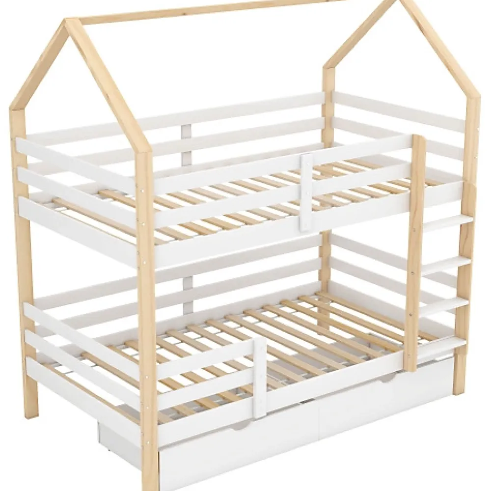 ModernLuxe Lit superposé pour enfant 90x200cm - Lit cabane - avec 2 grands tiroirs - Bois massif - Blanc + Naturel (sans matelas)*Enfant Lit Enfant