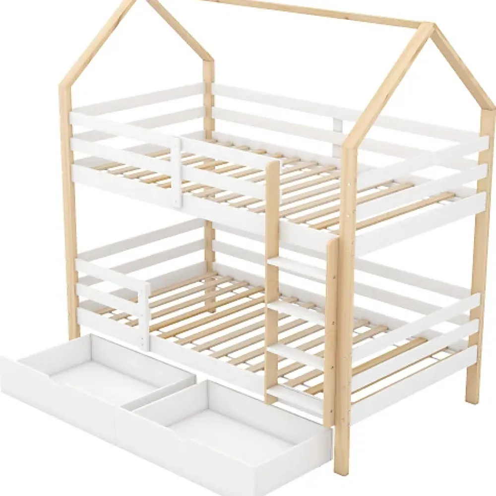 ModernLuxe Lit superposé pour enfant 90x200cm - Lit cabane - avec 2 grands tiroirs - Bois massif - Blanc + Naturel (sans matelas)*Enfant Lit Enfant