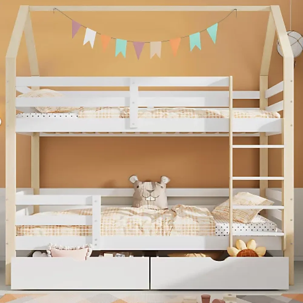 ModernLuxe Lit superposé pour enfant 90x200cm - Lit cabane - avec 2 grands tiroirs - Bois massif - Blanc + Naturel (sans matelas)*Enfant Lit Enfant