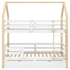 ModernLuxe Lit superposé pour enfant 90x200cm - Lit cabane - avec 2 grands tiroirs - Bois massif - Blanc + Naturel (sans matelas)*Enfant Lit Enfant