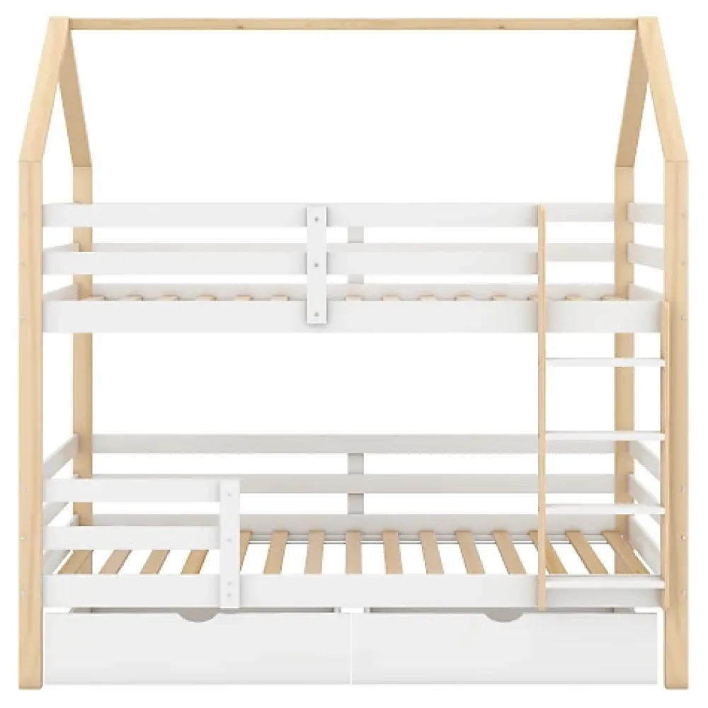 ModernLuxe Lit superposé pour enfant 90x200cm - Lit cabane - avec 2 grands tiroirs - Bois massif - Blanc + Naturel (sans matelas)*Enfant Lit Enfant
