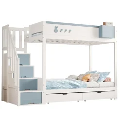 Blackcolors Lit superposé pour enfant 90x200,blanc et bleu, motifs lapins et carottes, rangement amovible, échelle sécurisée*Enfant Lit Enfant