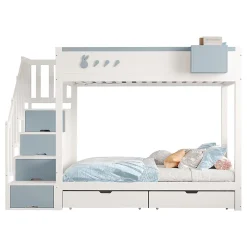 Blackcolors Lit superposé pour enfant 90x200,blanc et bleu, motifs lapins et carottes, rangement amovible, échelle sécurisée*Enfant Lit Enfant