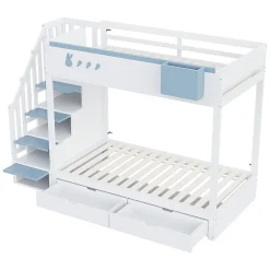 Blackcolors Lit superposé pour enfant 90x200,blanc et bleu, motifs lapins et carottes, rangement amovible, échelle sécurisée*Enfant Lit Enfant