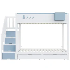 Blackcolors Lit superposé pour enfant 90x200,blanc et bleu, motifs lapins et carottes, rangement amovible, échelle sécurisée*Enfant Lit Enfant