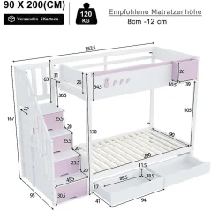 Blackcolors Lit superposé pour enfant 90x200cm,blanc+rose, motifs lapins et carottes, rangement amovible, échelle sécurisée, tiroirs*Enfant Lit Enfant