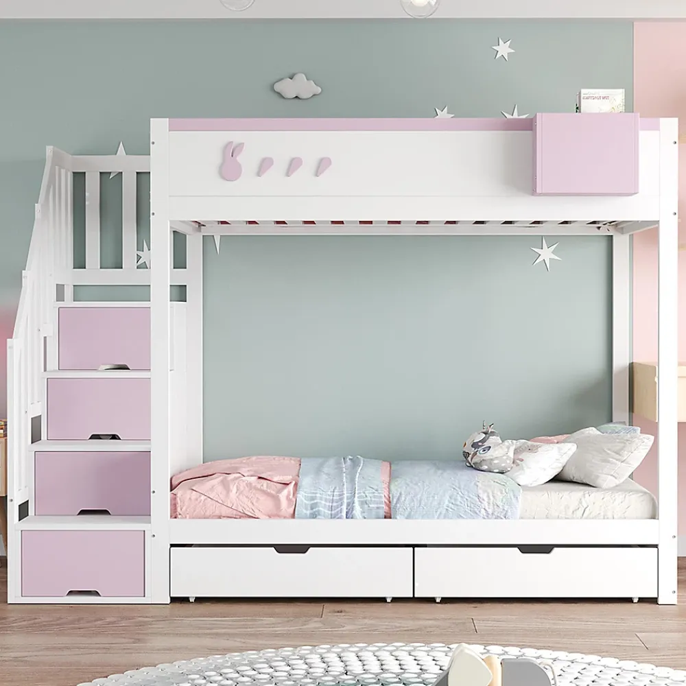 Blackcolors Lit superposé pour enfant 90x200cm,blanc+rose, motifs lapins et carottes, rangement amovible, échelle sécurisée, tiroirs*Enfant Lit Enfant