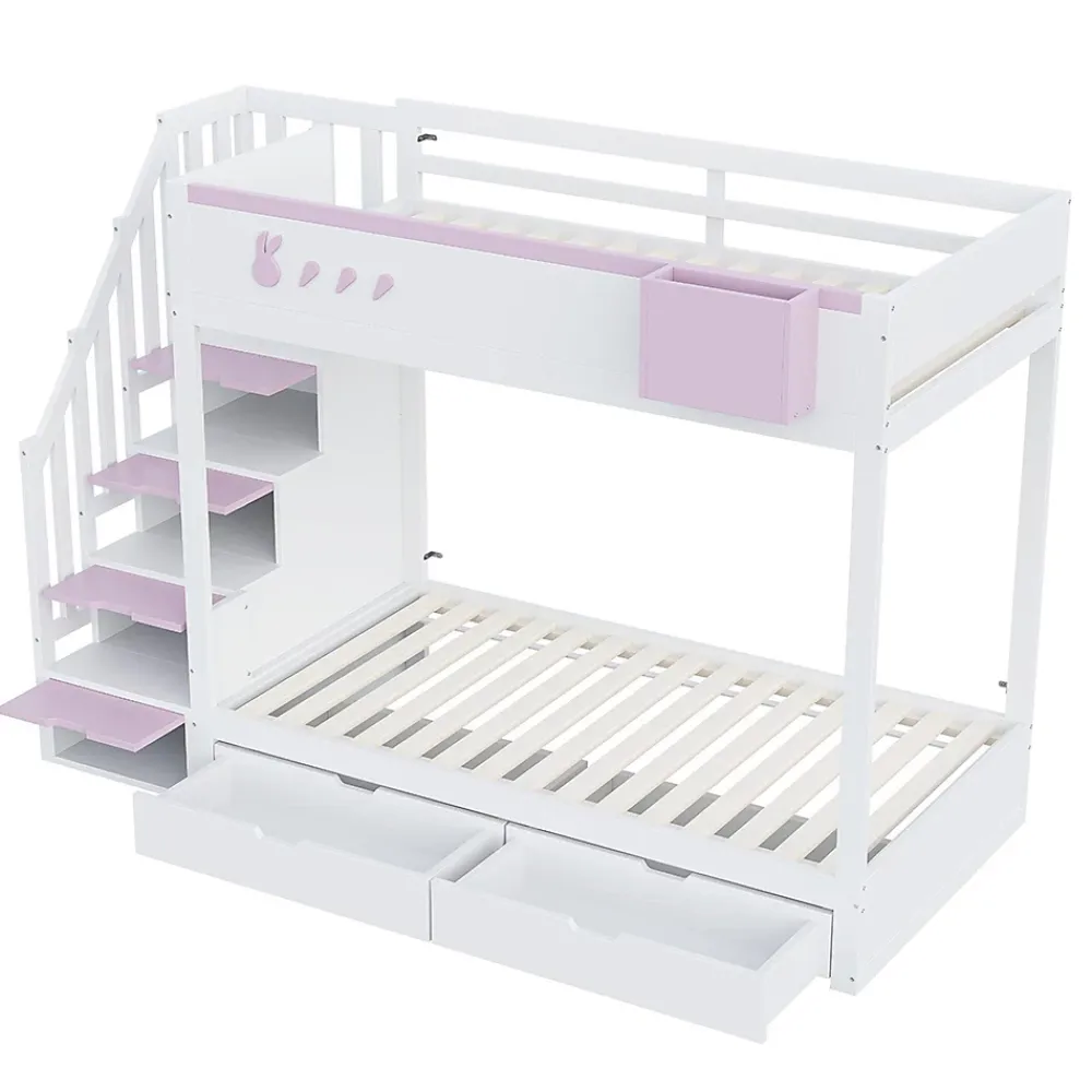 Blackcolors Lit superposé pour enfant 90x200cm,blanc+rose, motifs lapins et carottes, rangement amovible, échelle sécurisée, tiroirs*Enfant Lit Enfant