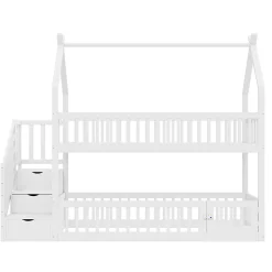 Lit superposé pour enfants en bois massif,90x200cm,blanc, avec toit, échelle de sécurité et tiroirs de rangement><noscript><img width=