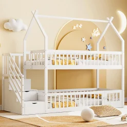 Lit superposé pour enfants en bois massif,90x200cm,blanc, avec toit, échelle de sécurité et tiroirs de rangement><noscript><img width=