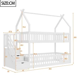 Lit superposé pour enfants en bois massif,90x200cm,blanc, avec toit, échelle de sécurité et tiroirs de rangement><noscript><img width=