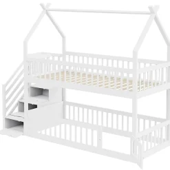 Lit superposé pour enfants en bois massif,90x200cm,blanc, avec toit, échelle de sécurité et tiroirs de rangement><noscript><img width=