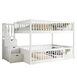 Lit superposé pour enfants et adolescents,140x200cm,bois blanc,échelle de sécurité et tiroirs><noscript><img width=