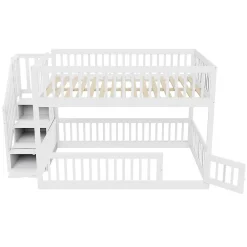 Lit superposé pour enfants et adolescents,140x200cm,bois blanc,échelle de sécurité et tiroirs><noscript><img width=