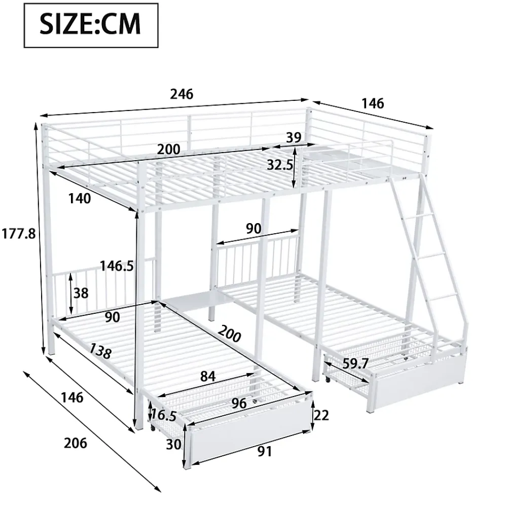 ProximaX Lit superposé triple, cadre de lit métallique, 140x200cm et 2 lit 90x200cm, avec échelle et 2 tiroirs, sommier inclus, blanc*Enfant Lit Enfant