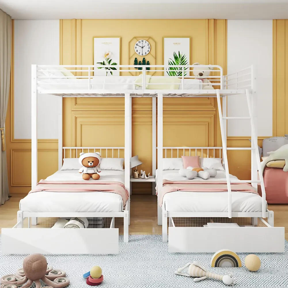ProximaX Lit superposé triple, cadre de lit métallique, 140x200cm et 2 lit 90x200cm, avec échelle et 2 tiroirs, sommier inclus, blanc*Enfant Lit Enfant