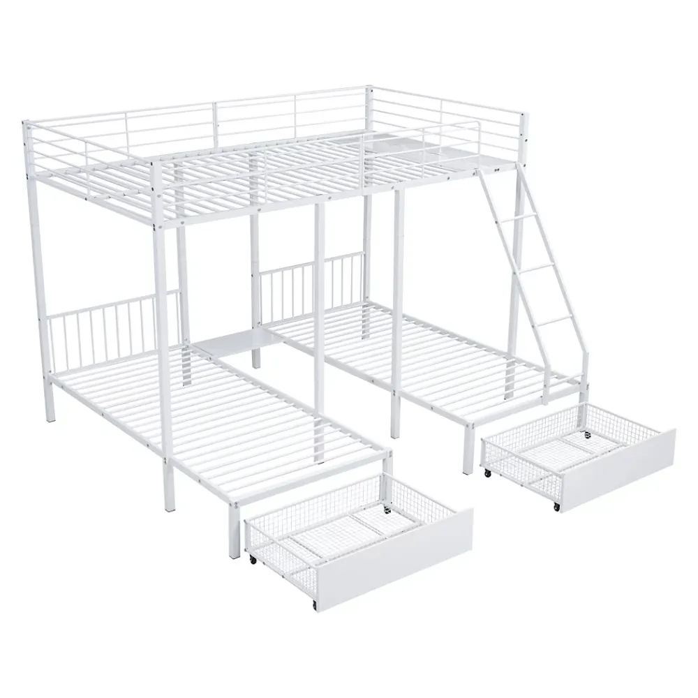 ProximaX Lit superposé triple, cadre de lit métallique, 140x200cm et 2 lit 90x200cm, avec échelle et 2 tiroirs, sommier inclus, blanc*Enfant Lit Enfant