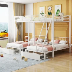 ProximaX Lit superposé triple, cadre de lit métallique, 140x200cm et 2 lit 90x200cm, avec échelle et 2 tiroirs, sommier inclus, blanc*Enfant Lit Enfant