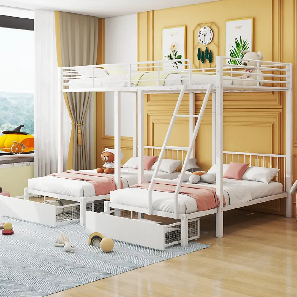 ProximaX Lit superposé triple, cadre de lit métallique, 140x200cm et 2 lit 90x200cm, avec échelle et 2 tiroirs, sommier inclus, blanc*Enfant Lit Enfant