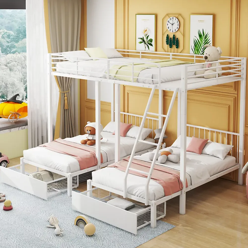 ProximaX Lit superposé triple, cadre de lit métallique, 140x200cm et 2 lit 90x200cm, avec échelle et 2 tiroirs, sommier inclus, blanc*Enfant Lit Enfant