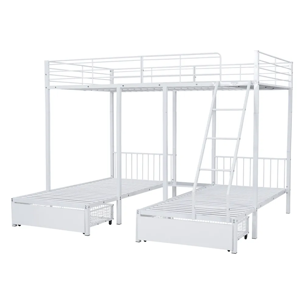 ProximaX Lit superposé triple, cadre de lit métallique, 140x200cm et 2 lit 90x200cm, avec échelle et 2 tiroirs, sommier inclus, blanc*Enfant Lit Enfant