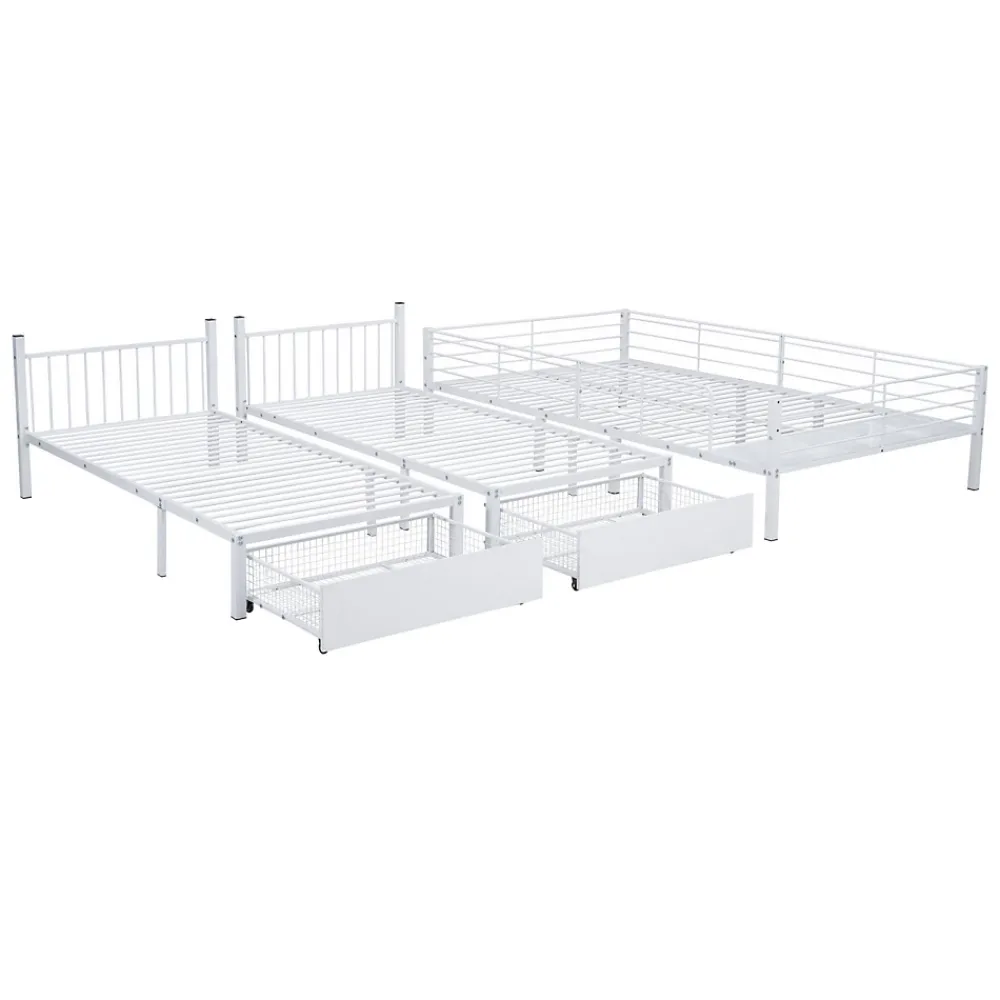 ProximaX Lit superposé triple, cadre de lit métallique, 140x200cm et 2 lit 90x200cm, avec échelle et 2 tiroirs, sommier inclus, blanc*Enfant Lit Enfant