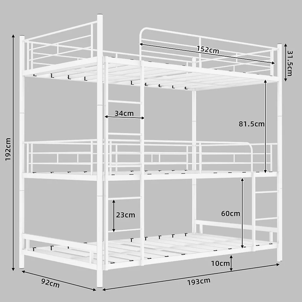 Lit Superposé Triple 90x190 cm - avec Échelle Intégrée et Garde-Corps, Structure en Métal, pour Enfant Ado, sans Matelas, Blanc>Okwish Outlet