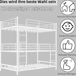 Lit Superposé Triple 90x190 cm - avec Échelle Intégrée et Garde-Corps, Structure en Métal, pour Enfant Ado, sans Matelas, Blanc><noscript><img width=